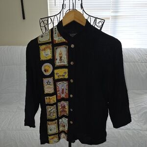 Citron Black 3/4 Sleeves Button Up Blouse W Asian Inspired Print Womens Small